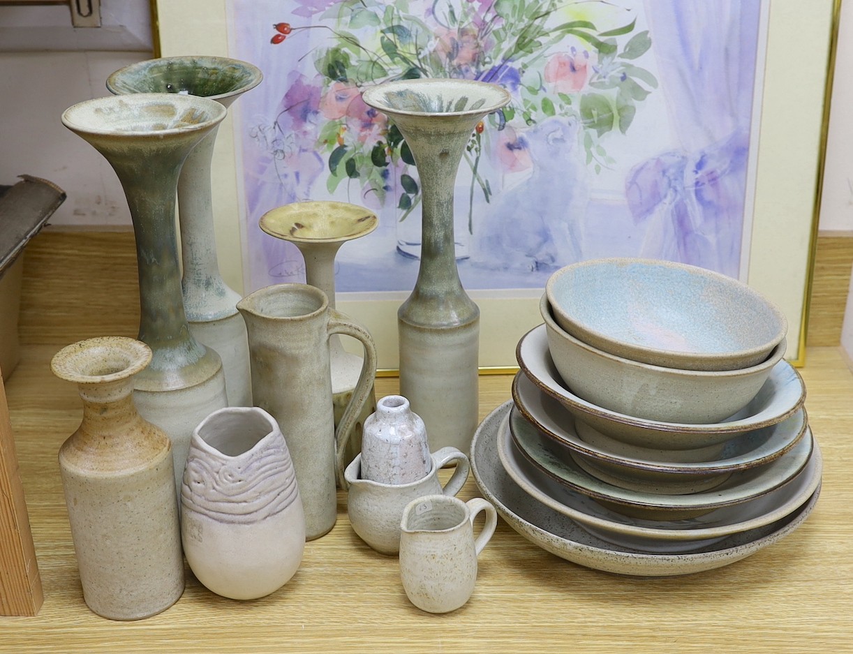 A collection of studio pottery tall stemmed vases and dishes and bowls, The majority by Susan Threadgold tallest 33cm